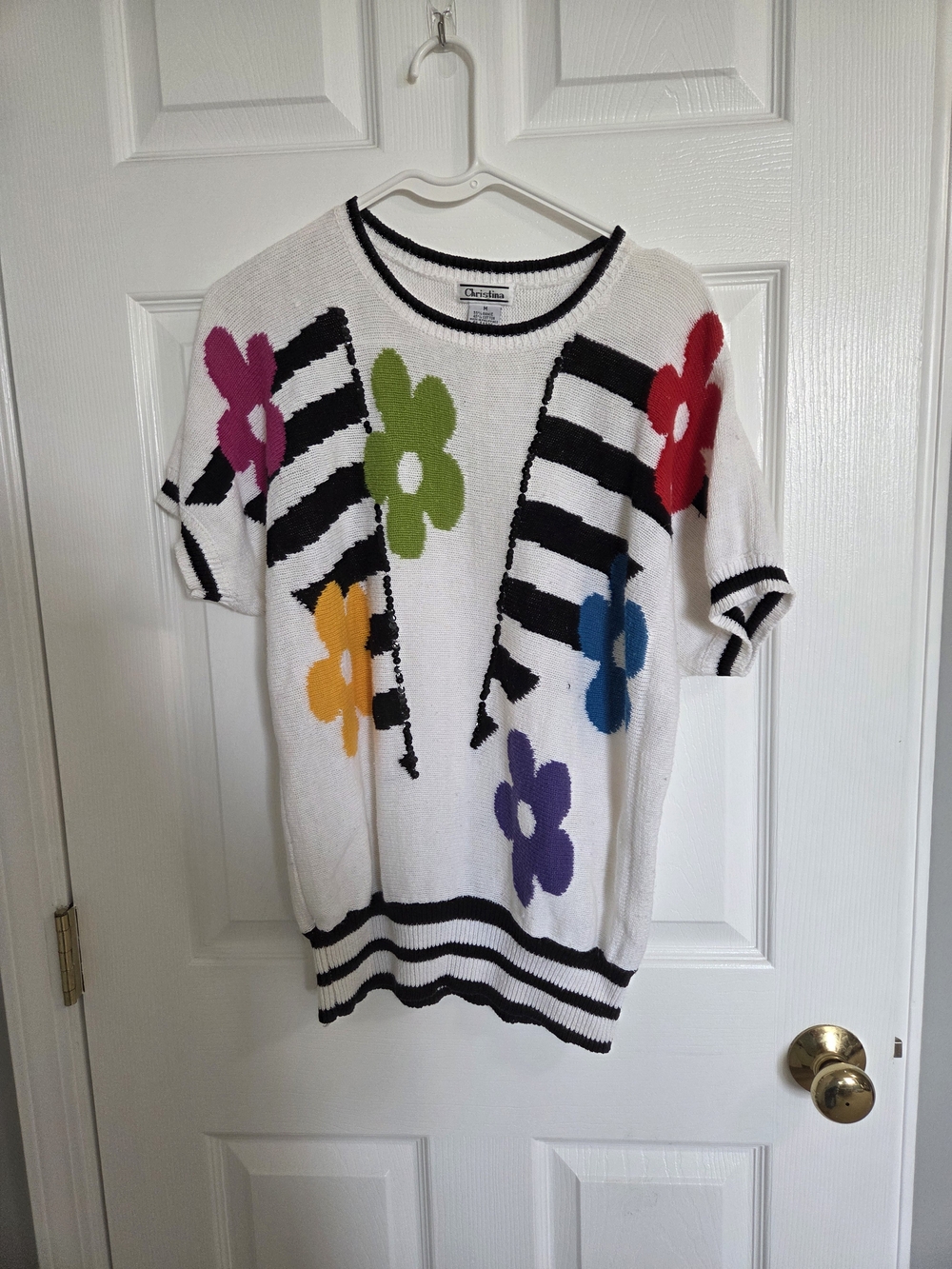 Ramie Cotton Vintage Knit Top with Black Trim and Green Floral Accent